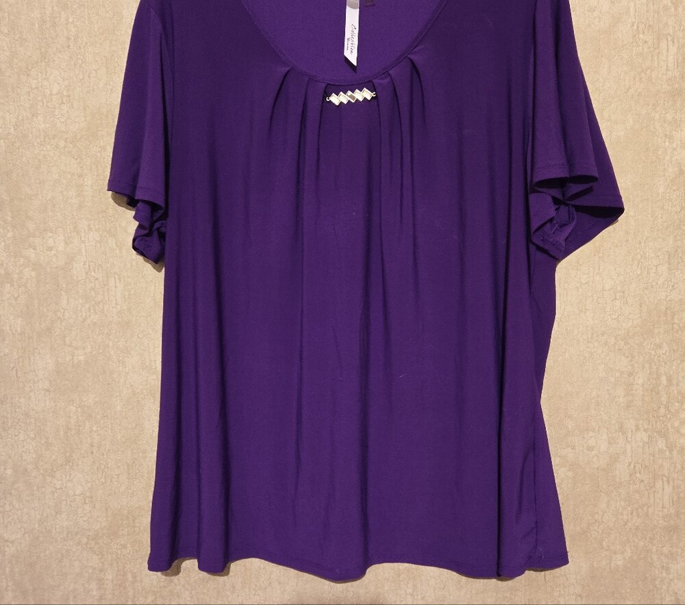 Ny Collection Womens Purple Short Sleeve Scoop Neck Top with Rhinestone Size 3x